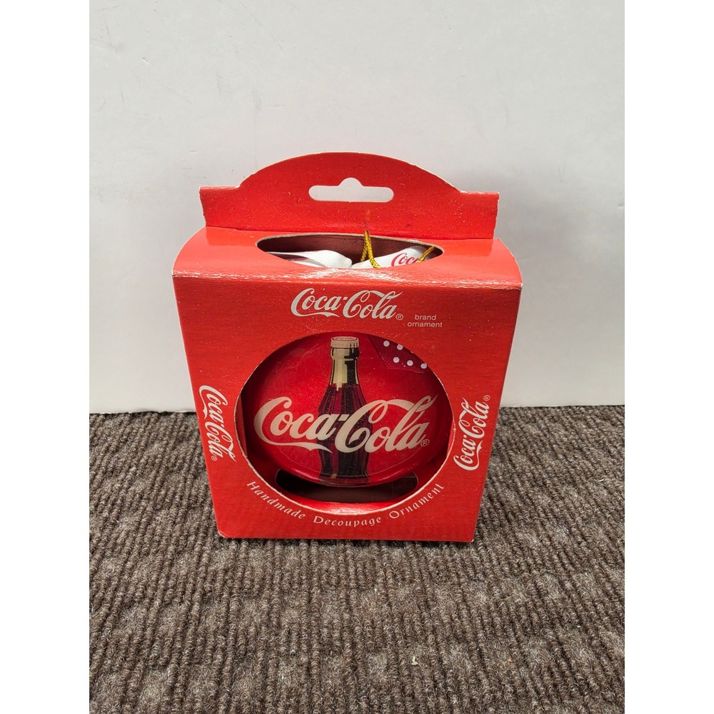 Vintage Coca-Cola Handmade Decoupage Christmas Ornament Red Ball with Bow in Box